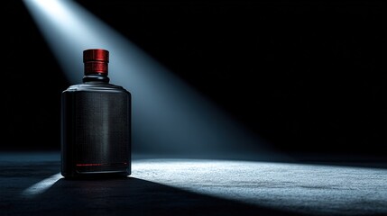Dark Bottle with Red Cap Under Spotlight, Premium Liquor Product Display