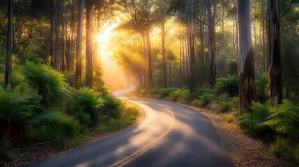 Fototapeta premium Sunlit winding forest road with soft morning rays creating a peaceful natural landscape 