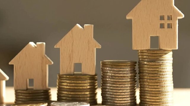 Wooden house models stand on stacks of coins progressively increasing in height