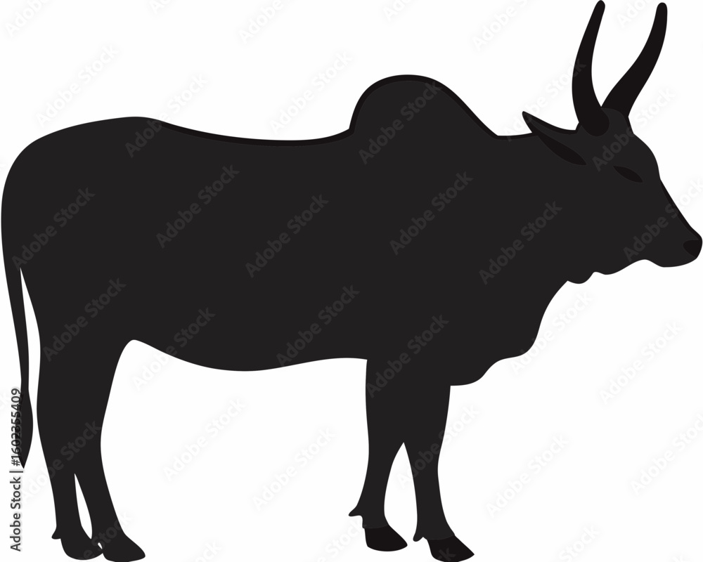 Poster silhouette of a zebu bull standing with its horns visible and a hump on its back in a side view crea