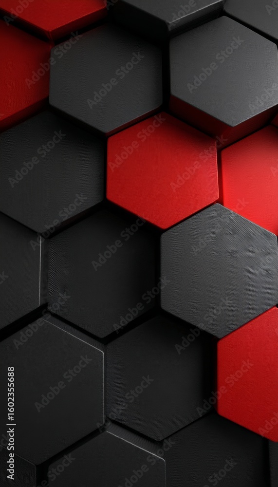 Poster abstract dark background with honeycomb pattern and red accents featuring geometric design elements