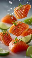 Assorted slices of fresh salmon sashimi with garnish and lime wedges, arranged in an appetizing top-down composition. Premium seafood presentation