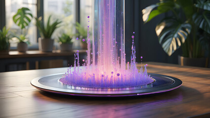 Modern water feature with purple and pink led lights on a wooden table