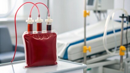 Close-up of a full blood bag in a sterile medical environment, representing critical care, organ donation, and the importance of blood supply in hospitals