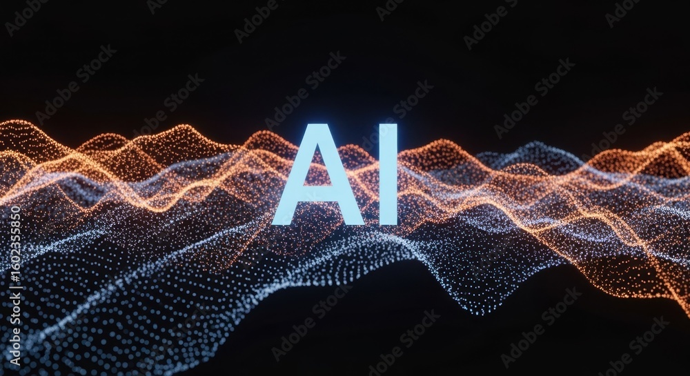 Poster ai concept illustration with flowing orange and blue particle streams and smooth light transitions.