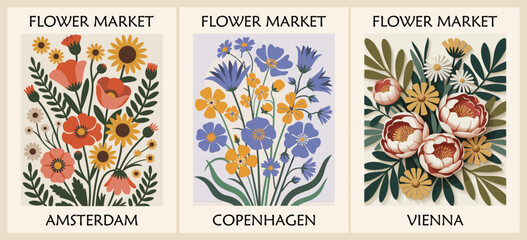 Flat vector illustration set of retro Flower Market posters in mid-century modern style featuring Amsterdam, Copenhagen, and Vienna. Perfect for vintage gallery wall art and floral decor.
