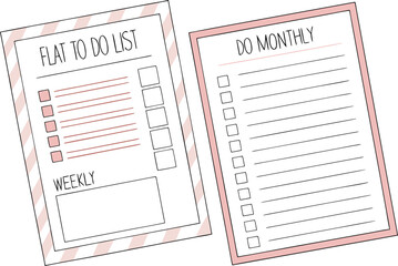 Cute pink and white illustrated weekly and monthly to do lists with checkboxes for planning and organization