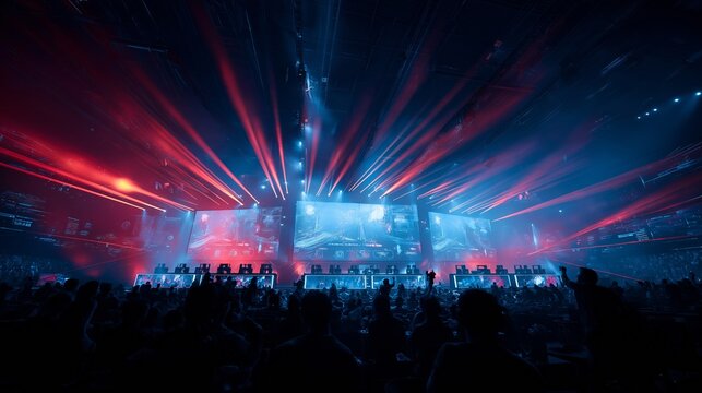 Wide-angle shot of a futuristic esports stage with massive LED screens and dramatic lighting. A modern gaming arena filled with vibrant tech energy, ideal for themes around competitive digital
