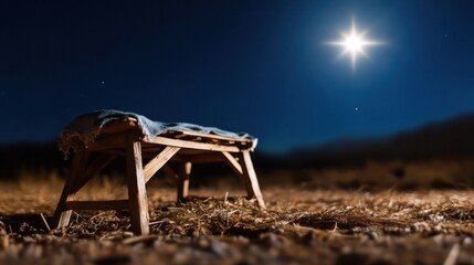 Holy child Jesus in rustic manger, night sky sparkling with guiding star above