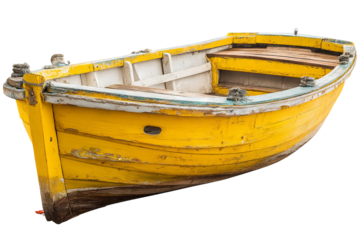 Classic yellow and white wooden fishing boat isolated on transparent PNG background — high‑resolution cutout perfect for coastal adventure graphics, maritime poster designs, harbor travel branding