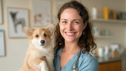 A friendly female vet in scrubs holds an adorable Corgi dog in a well-lit clinic. Both are looking at the camera with warmth and trust. Animal care, veterinary services, pet health professional care