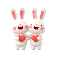 Two cute bunny couple in love and  3D illustration and  holding paws and smiling and  cartoon charm with heart elements and  isolated white background Batch  realistic clean bright simple modern stock