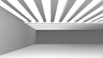 A minimalist corridor with precise horizontal light slits creates rhythmic shadow patterns along white concrete walls, drawing the eye toward a luminous vanishing point.