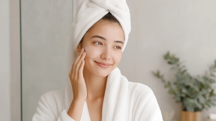 A fresh-faced woman applies moisturizer in a clean bathroom setting, wearing a white towel and robe. The soft natural light and minimal background emphasize skincare, personal care, and natural beauty