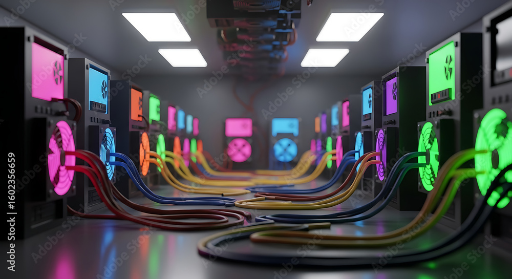 Poster a futuristic data center showcasing rows of servers with colorful illuminated components and cables.