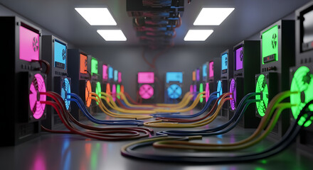 A futuristic data center showcasing rows of servers with colorful illuminated components and cables.
