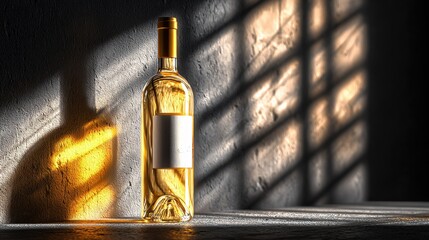 Transparent White Wine Bottle with Golden Cap and Blank Label, Dramatic Light and Shadow Effects on Textured Surface and Dark Wall