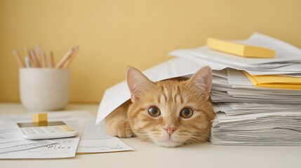 Cat lies buried beneath a chaotic pile of office documents, reports, and charts on a cluttered desk, representing workplace stress and burnout. Overwhelming deadlines, and modern work culture