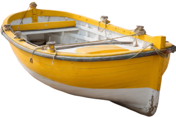 Classic yellow and white wooden fishing boat isolated on transparent PNG background — high‑resolution cutout perfect for coastal adventure graphics, maritime poster designs, harbor travel branding