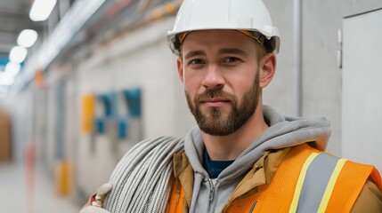A male electrician in a reflective safety vest stands confidently at a construction site. Technical drawings overlay, merging the physical and conceptual worlds of engineering, skilled trades