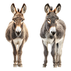 Obraz premium Two donkeys and one front view and one back view and realistic texture and fur details and calm stance and isolated white background Batch realistic clean bright simple modern stock image isolate