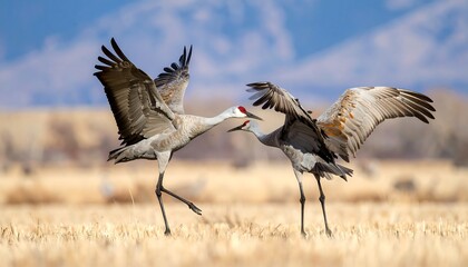 Two sandhill cranes in a field, wings outstretched