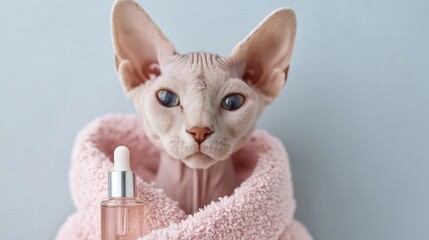 A hairless sphynx cat sits in the lower-right corner of the frame, set against a clean and softly lit neutral background. Cat’s confident posture and unique appearance create a striking visual