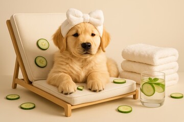 A pampered dog enjoys a luxurious spa moment, wrapped in a soft robe with cucumber slices over its eyes. The image radiates humor, relaxation, and indulgence, perfect for pet grooming, wellness