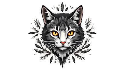 Obraz premium Stylized Cat Head Illustration Design with Decorative Foliage