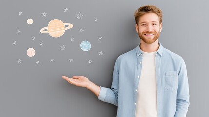 A cheerful young man gestures towards floating illustrated planets on a gray background, representing creativity, science, or imagination, educational or inspirational content