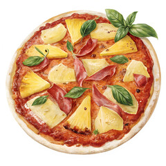 Delicious Hawaiian Pizza with Pineapple and Ham isolated on transparent background