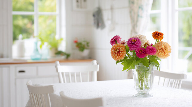 Colorful flowers in a glass vase brighten up a cozy kitchen table in a sunlit home during a tranquil afternoon