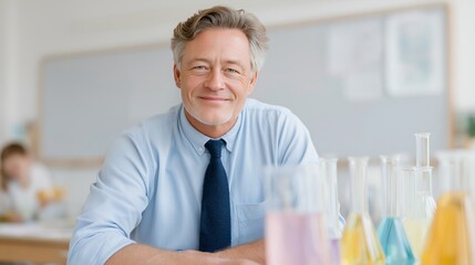 An approachable older businessman in a pale blue shirt sits with a welcoming smile, ideal for representing leadership, senior consulting, coaching, or executive lifestyle