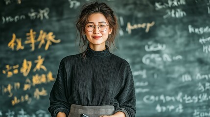 A confident female teacher stands in front of a chalkboard filled with handwritten equations, exuding intelligence, creativity, and leadership in a classroom setting
