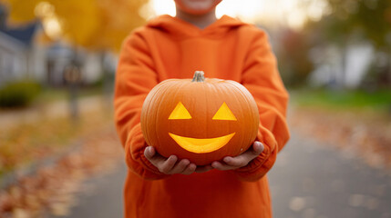 A child in an orange hoodie proudly presents a carved pumpkin featuring a happy face, surrounded by vibrant fall foliage. Halloween background.