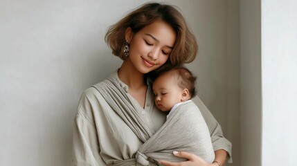 A young mother gently holds her sleeping infant in a soft sling wrap near a window, exuding warmth and tenderness in a natural light setting, parenting, lifestyle or family-focused content