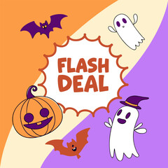 Fototapeta premium Spooky halloween flash deal announcement featuring cute ghosts bats and a pumpkin with festive orange and purple backgrounds