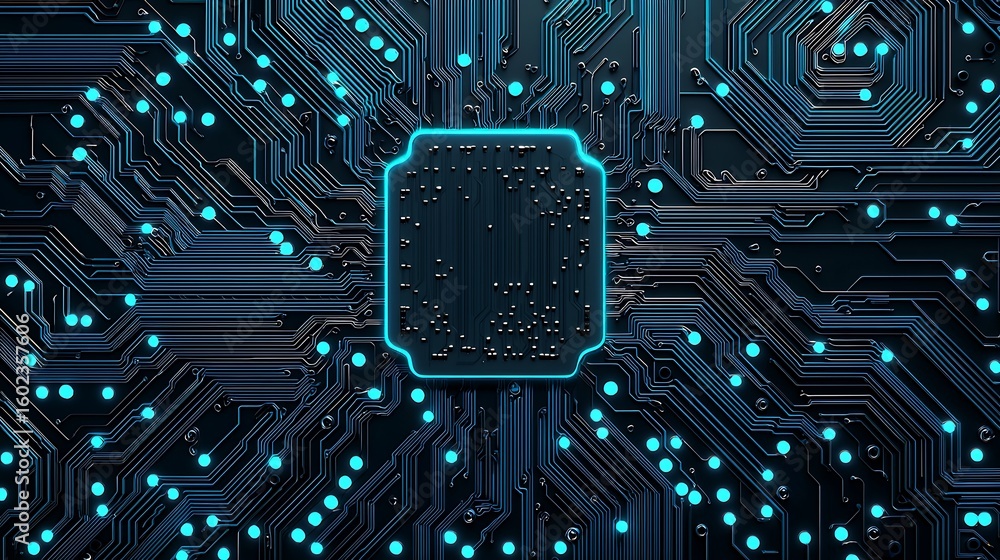 Poster a close-up of a microchip on a circuit board with intricate, glowing blue pathways representing elec