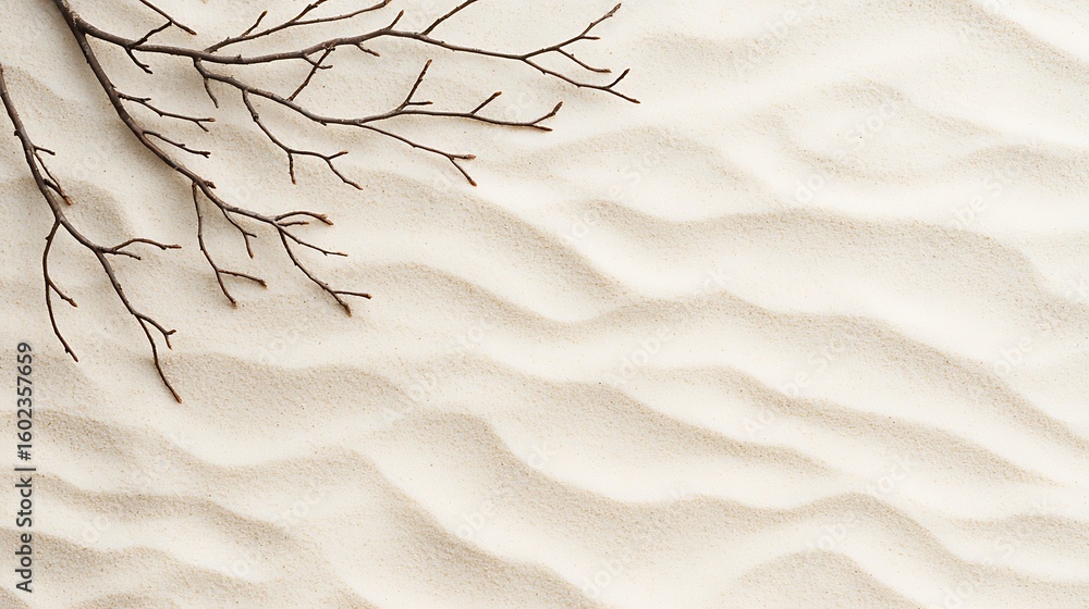 Poster a tranquil zen garden scene with smooth sand raked in wave patterns and a bare branch creating a pea