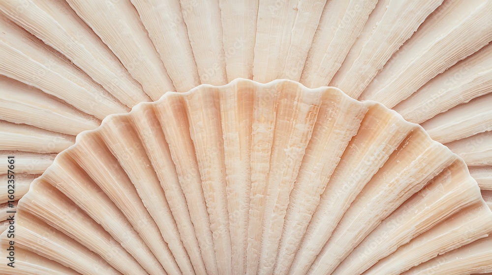 Poster close-up of a textured, beige seashell displaying natural ridges and grooves in a symmetrical fan sh