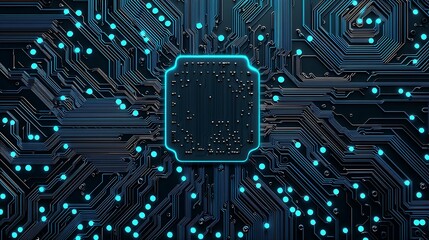 A close-up of a microchip on a circuit board with intricate, glowing blue pathways representing electronic connections.