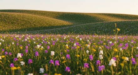 Obraz premium Scenic landscape of flowering plants stretching across rolling hills in early summer.