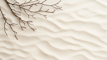 A tranquil Zen garden scene with smooth sand raked in wave patterns and a bare branch creating a peaceful, minimalist composition.
