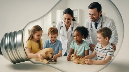 Engaging veterinary learning for kids with pets bright clinic educational activity friendly environment close-up view compassionate care