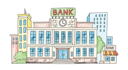 Drawing shows bank building in city. Financial institution, business district, banking, urban, economy, finance, commerce, loan, investment