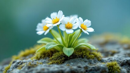 A small cluster of white and yellow flowers growing on a mossy rock with a blurred background