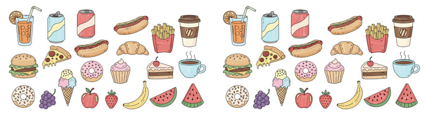 Assorted foods and drinks collage. Variety of meals, snacks, and beverages, sweet and savory treats, nutrition, eating, diet, indulgence, unhealthy, delicious.