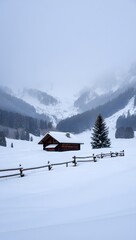 Fototapeta premium Cozy Wooden Cabin in Snowy Winter Landscape with Pine Trees and Mountains