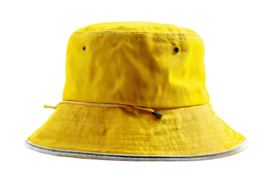 Vibrant yellow bucket hat isolated on crisp transparent PNG background — high‑resolution cutout perfect for trendy summer fashion accessory designs, sunshine vacation branding, and playful outdoor