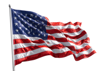 American Flag waving proudly in the wind National symbol patriotism freedom USA, isolated on transparent background, perfect cutout, PNG
